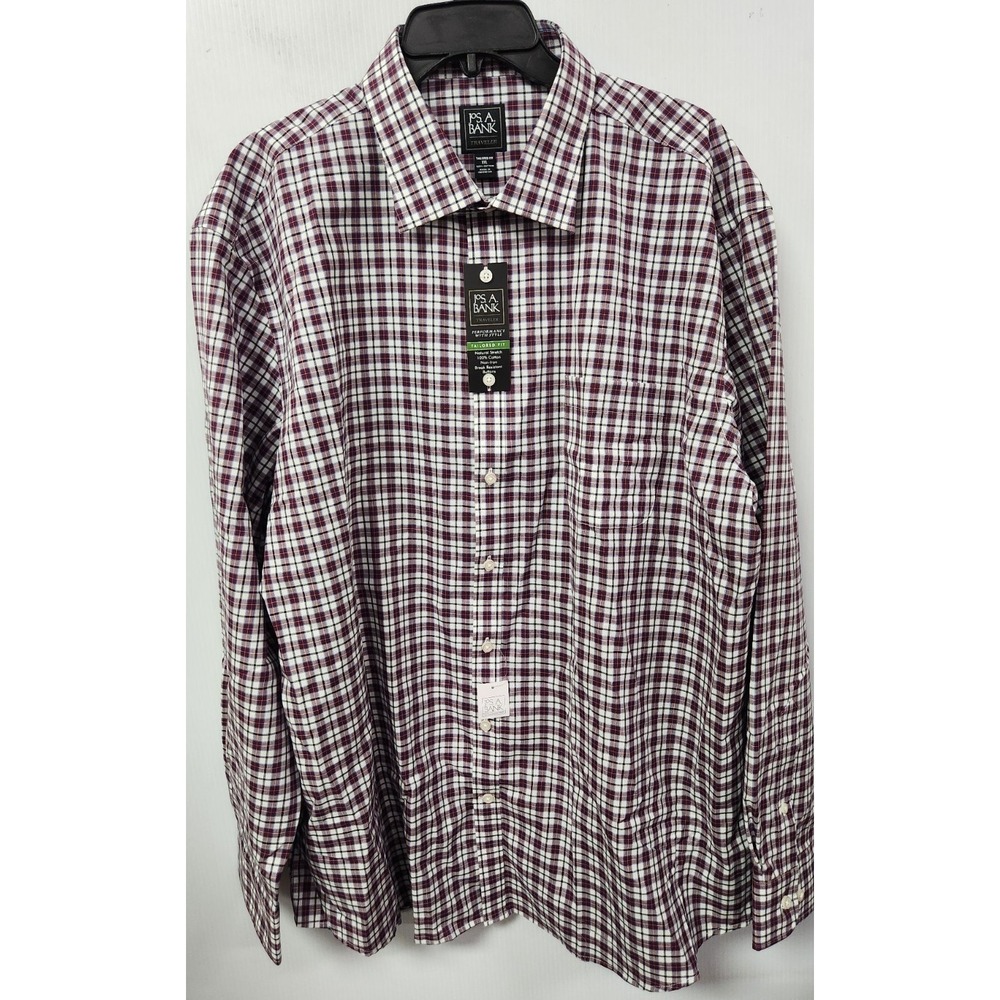 Jos. A. Bank Traveler  Tailored Fit Men's Button-Up Wine Plaid Shirt SZ XXL NWT